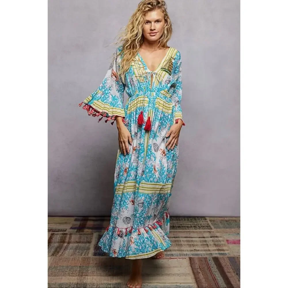 POL - Beach Inspired Pattern Ruffle Sleeve Tassel Maxi Dress - Medium - Picture 3 of 6